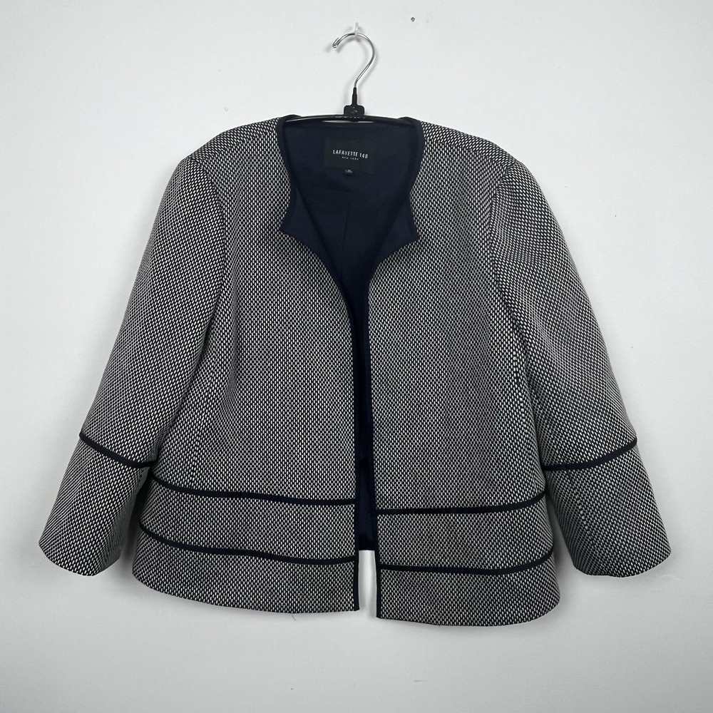 Lafayette 148 Jacket XL Navy White Textured Corporate Chic Minimalist